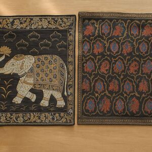 Vtg Woven Metallic Textile Panels Elephant & Paisley Design Jacquard Lined Decor